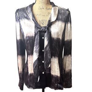 ECCOCI Women's Gray Black Abstract Block Print Tie Neck Long Sleeve Blouse Sz 8